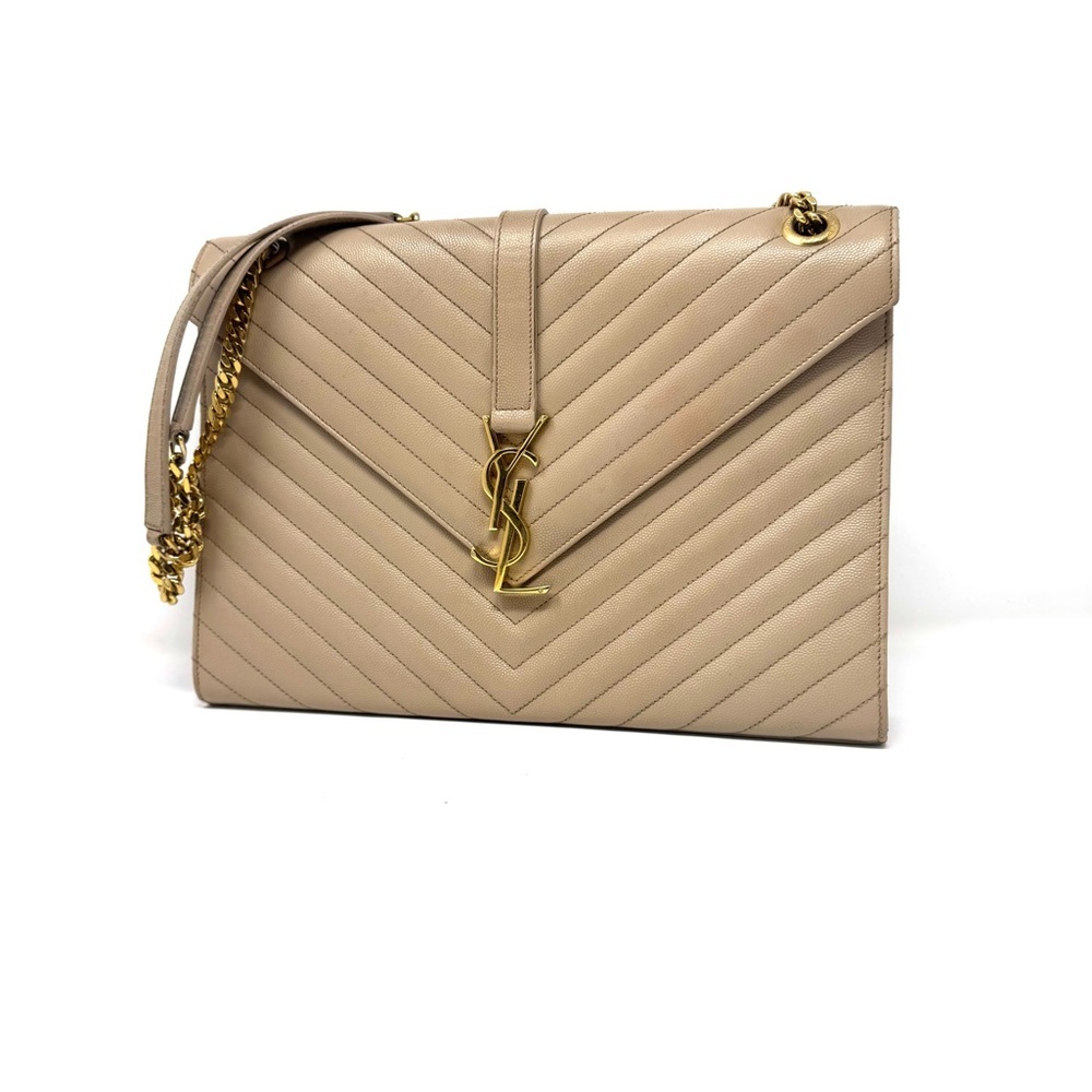 Saint Laurent Beige Large Grain de Poudre Chevron - Envelope Satchel YSL Bag